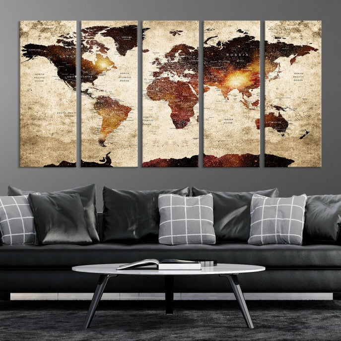 Push Pin World Map with Antarctica Canvas Wall Art Print Ready to Hang