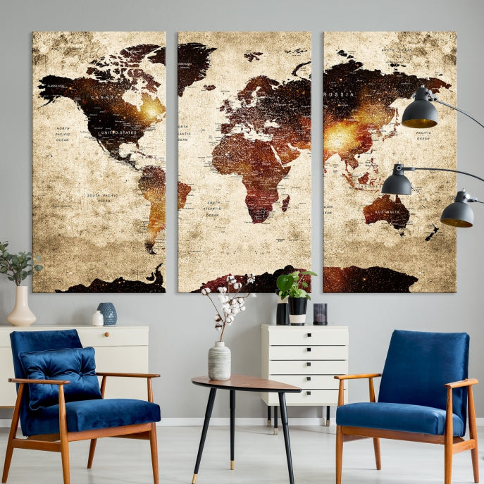 Push Pin World Map with Antarctica Canvas Wall Art Print Ready to Hang