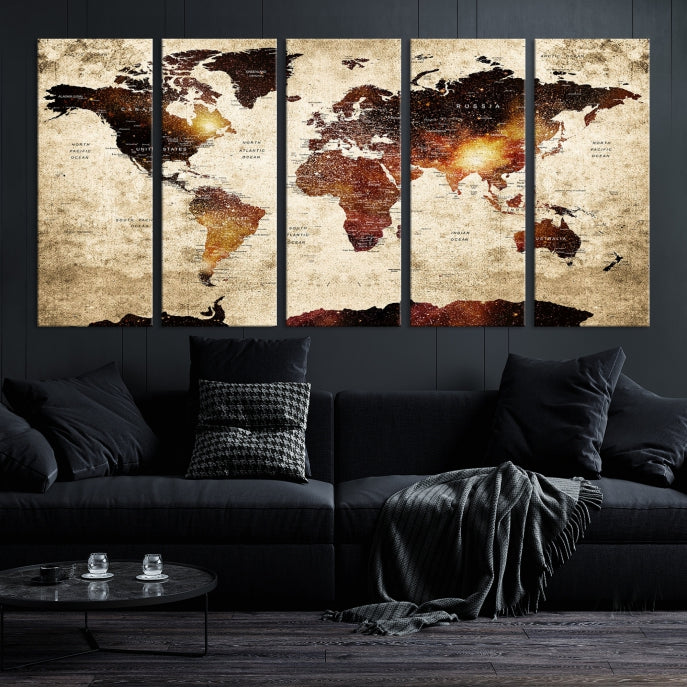 Push Pin World Map with Antarctica Canvas Wall Art Print Ready to Hang