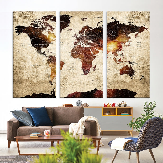 Push Pin World Map with Antarctica Canvas Wall Art Print Ready to Hang