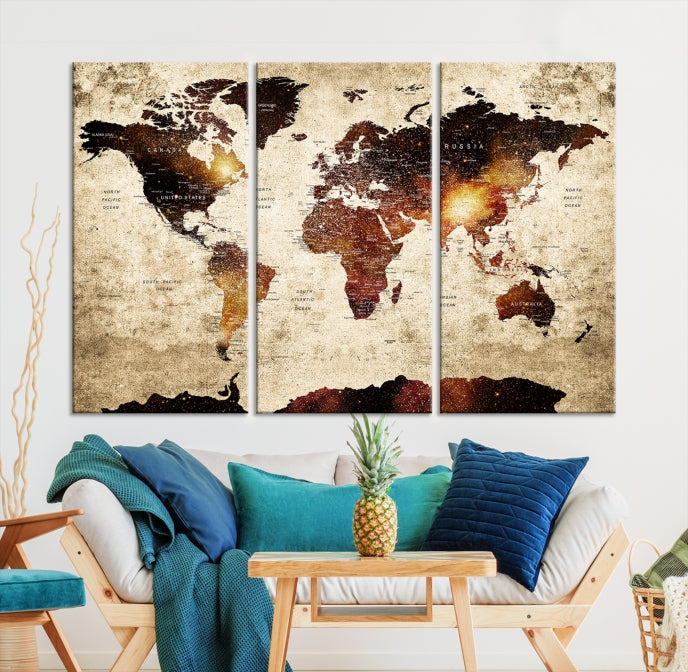 Push Pin World Map with Antarctica Canvas Wall Art Print Ready to Hang