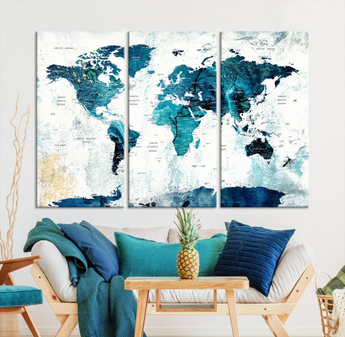 Push Pin World Map with Antarctica Large Wall Art Canvas Print