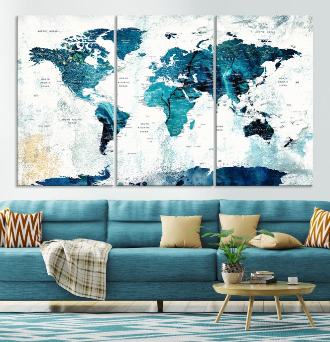 Push Pin World Map with Antarctica Large Wall Art Canvas Print