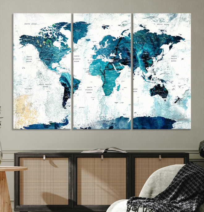 Push Pin World Map with Antarctica Large Wall Art Canvas Print