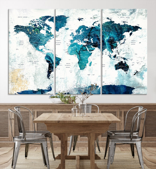 Push Pin World Map with Antarctica Large Wall Art Canvas Print