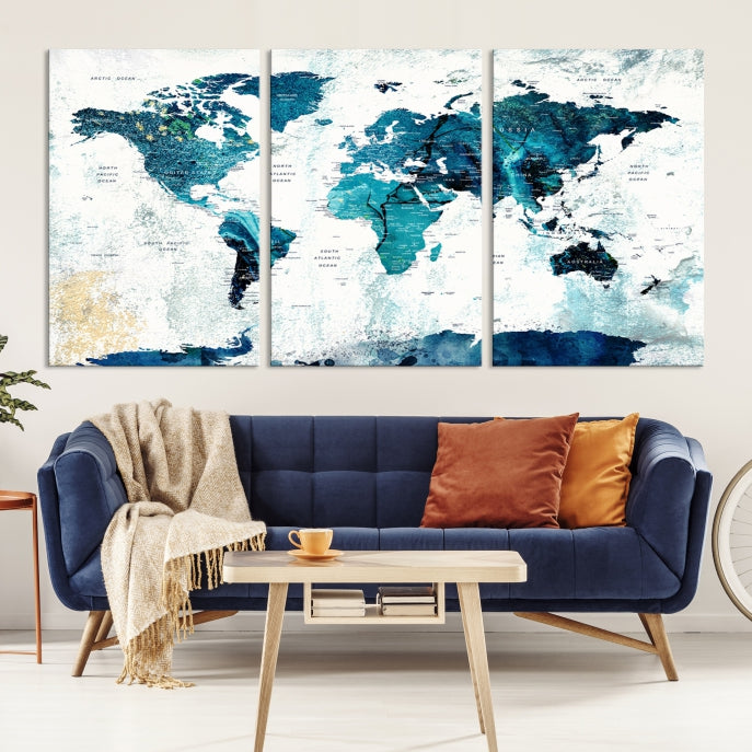 Push Pin World Map with Antarctica Large Wall Art Canvas Print