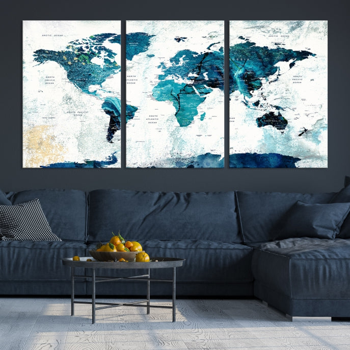 Push Pin World Map with Antarctica Large Wall Art Canvas Print