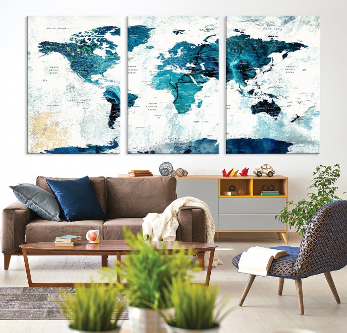 Push Pin World Map with Antarctica Large Wall Art Canvas Print