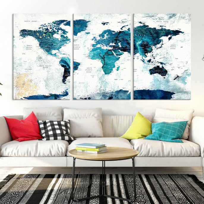 Push Pin World Map with Antarctica Large Wall Art Canvas Print