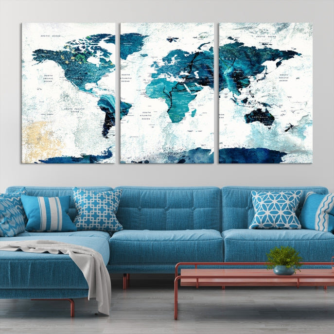 Push Pin World Map with Antarctica Large Wall Art Canvas Print