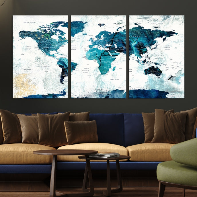 Push Pin World Map with Antarctica Large Wall Art Canvas Print