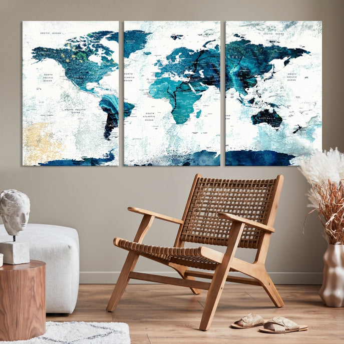 Push Pin World Map with Antarctica Large Wall Art Canvas Print