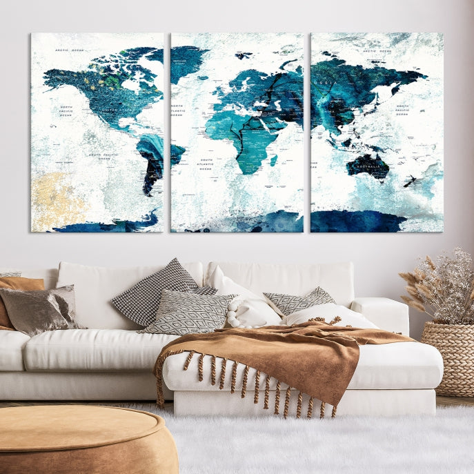 Push Pin World Map with Antarctica Large Wall Art Canvas Print