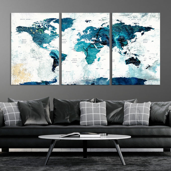 Push Pin World Map with Antarctica Large Wall Art Canvas Print