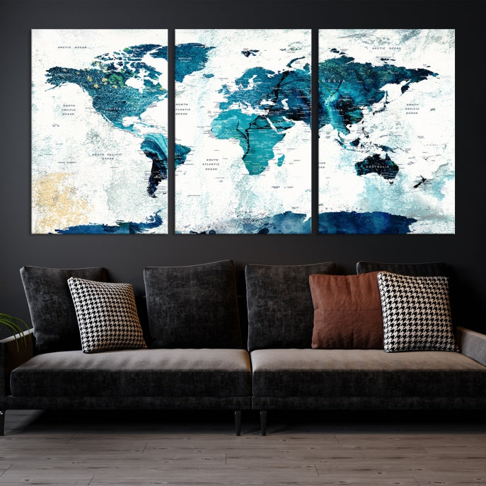 Push Pin World Map with Antarctica Large Wall Art Canvas Print