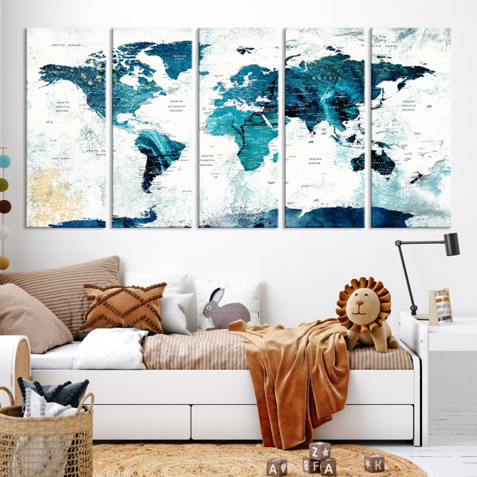 Push Pin World Map with Antarctica Large Wall Art Canvas Print