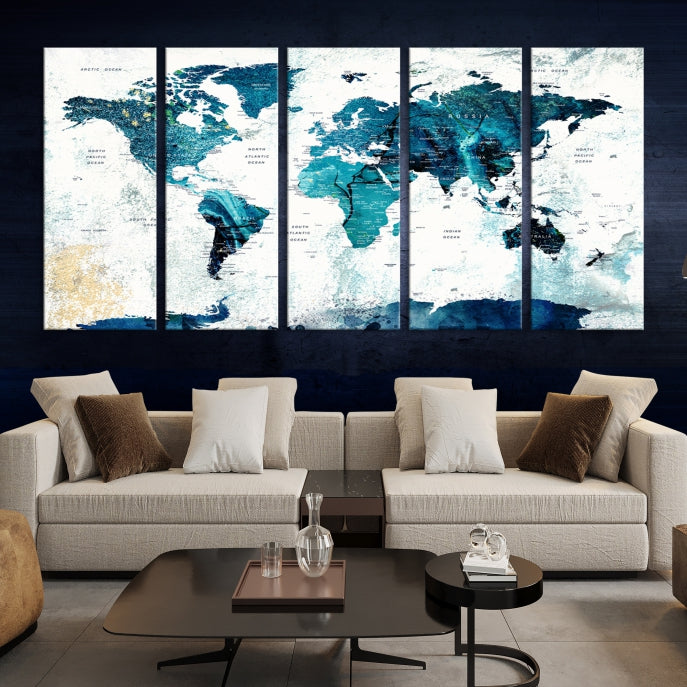 Push Pin World Map with Antarctica Large Wall Art Canvas Print