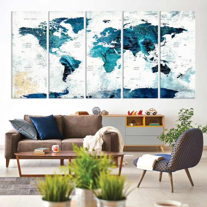 Push Pin World Map with Antarctica Large Wall Art Canvas Print