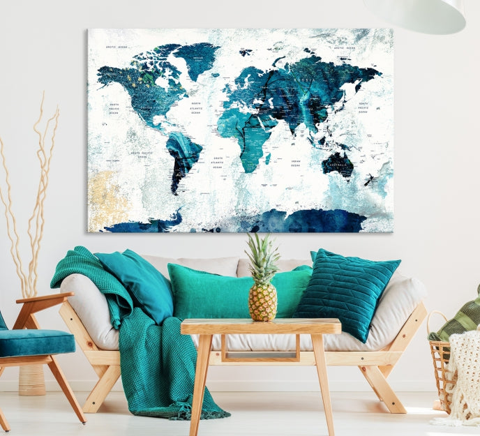 Push Pin World Map with Antarctica Large Wall Art Canvas Print