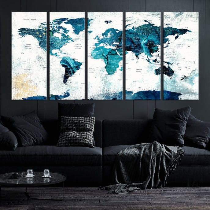 Push Pin World Map with Antarctica Large Wall Art Canvas Print