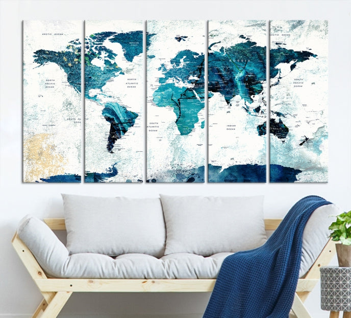 Push Pin World Map with Antarctica Large Wall Art Canvas Print