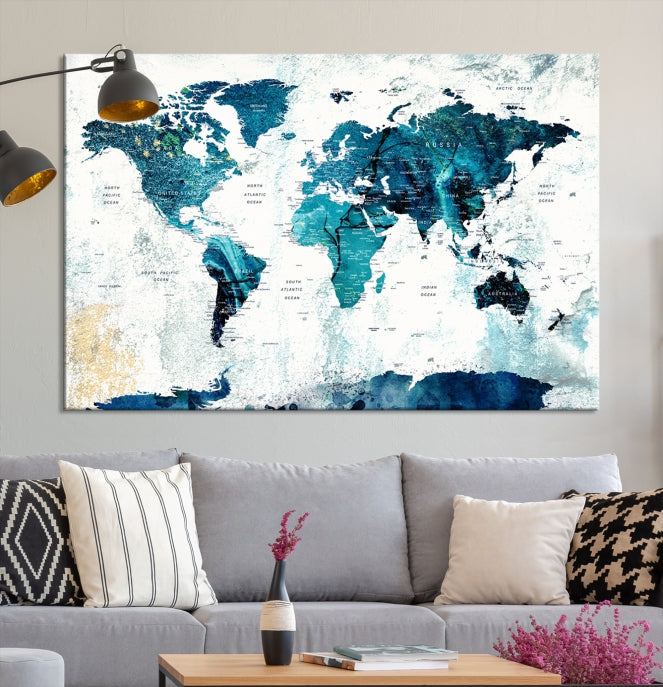 Push Pin World Map with Antarctica Large Wall Art Canvas Print