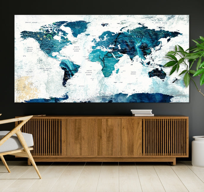 Push Pin World Map with Antarctica Large Wall Art Canvas Print