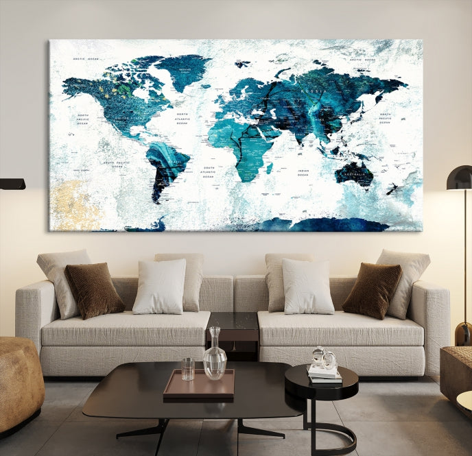 Push Pin World Map with Antarctica Large Wall Art Canvas Print