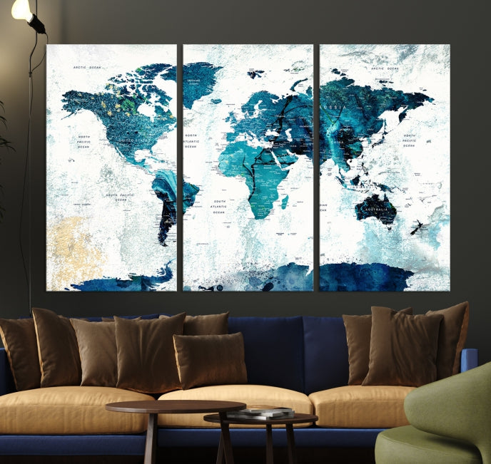 Push Pin World Map with Antarctica Large Wall Art Canvas Print