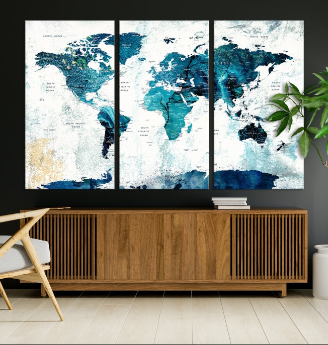 Push Pin World Map with Antarctica Large Wall Art Canvas Print