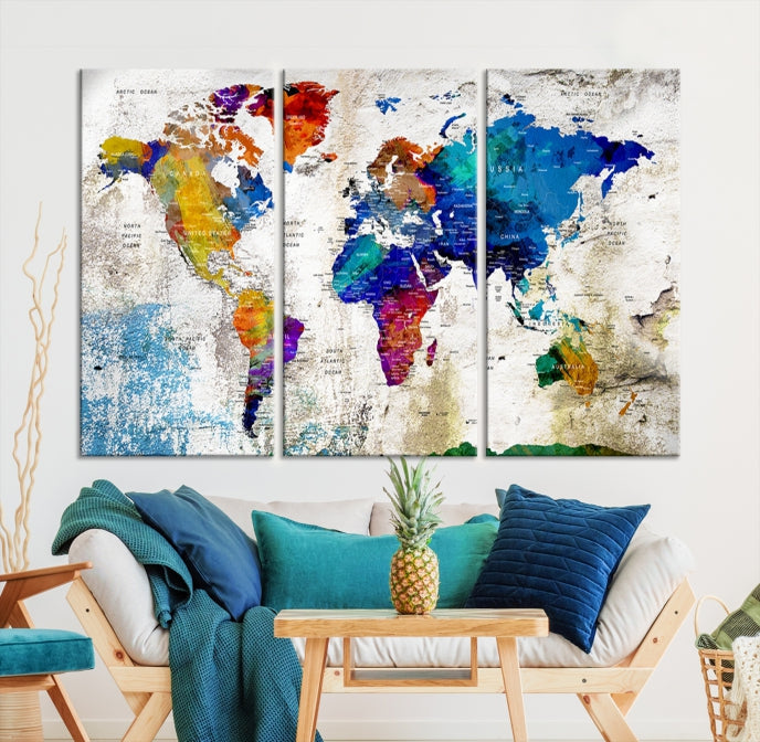 Rainbow Color Detailed Push Pin World Map Canvas Print Extra Large Wall Art