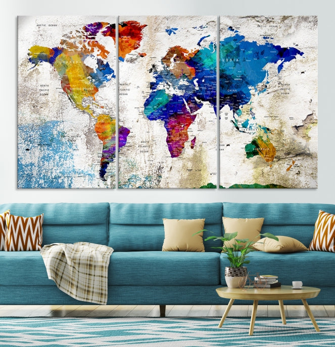 Rainbow Color Detailed Push Pin World Map Canvas Print Extra Large Wall Art