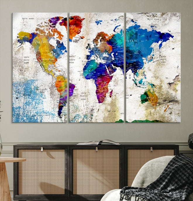 Rainbow Color Detailed Push Pin World Map Canvas Print Extra Large Wall Art