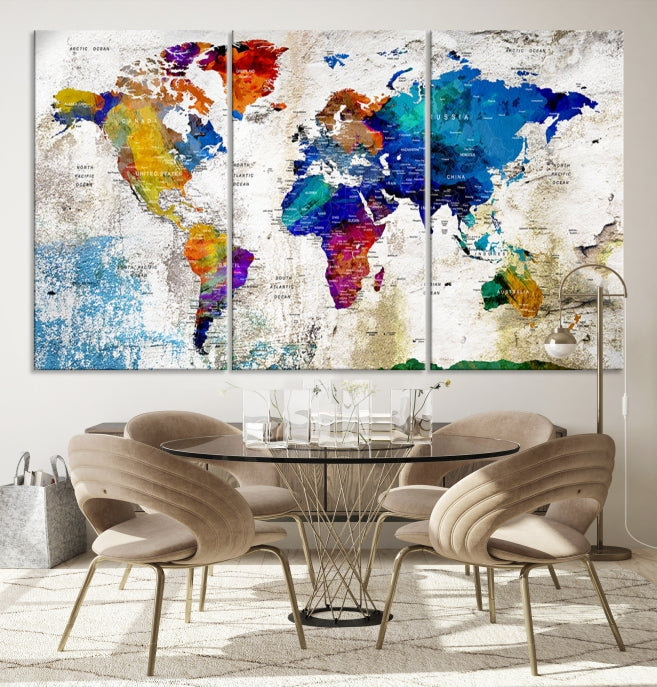 Rainbow Color Detailed Push Pin World Map Canvas Print Extra Large Wall Art