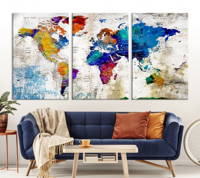 Rainbow Color Detailed Push Pin World Map Canvas Print Extra Large Wall Art