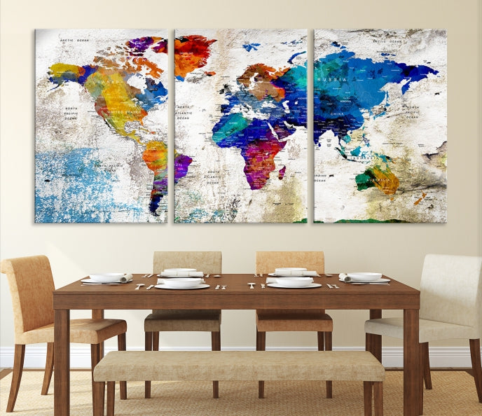 Rainbow Color Detailed Push Pin World Map Canvas Print Extra Large Wall Art