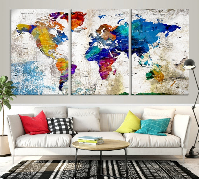 Rainbow Color Detailed Push Pin World Map Canvas Print Extra Large Wall Art