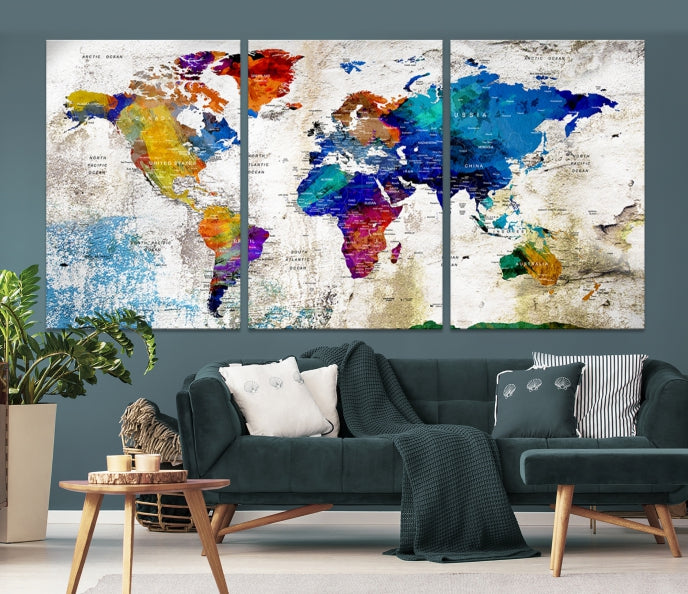 Rainbow Color Detailed Push Pin World Map Canvas Print Extra Large Wall Art