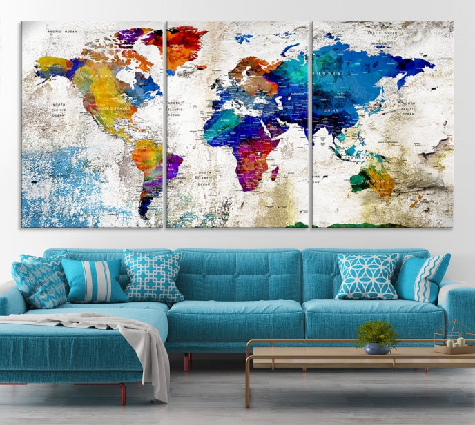 Rainbow Color Detailed Push Pin World Map Canvas Print Extra Large Wall Art