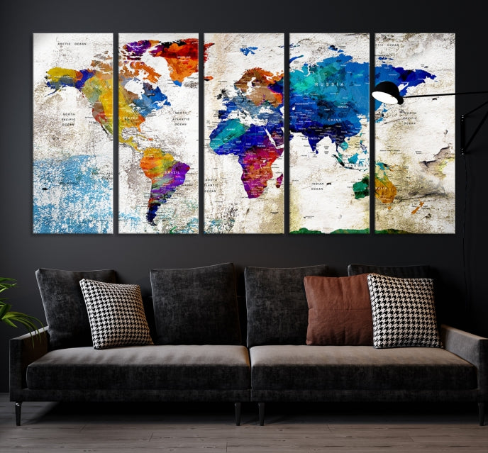 Rainbow Color Detailed Push Pin World Map Canvas Print Extra Large Wall Art