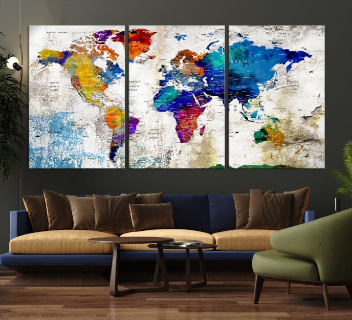 Rainbow Color Detailed Push Pin World Map Canvas Print Extra Large Wall Art