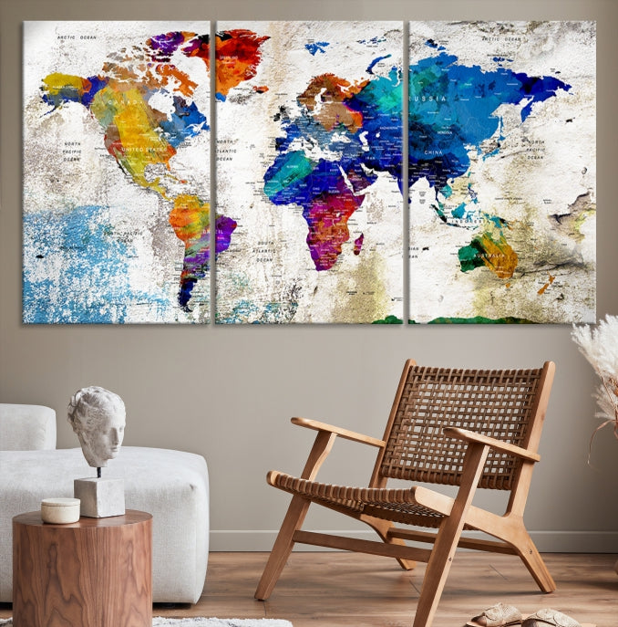 Rainbow Color Detailed Push Pin World Map Canvas Print Extra Large Wall Art