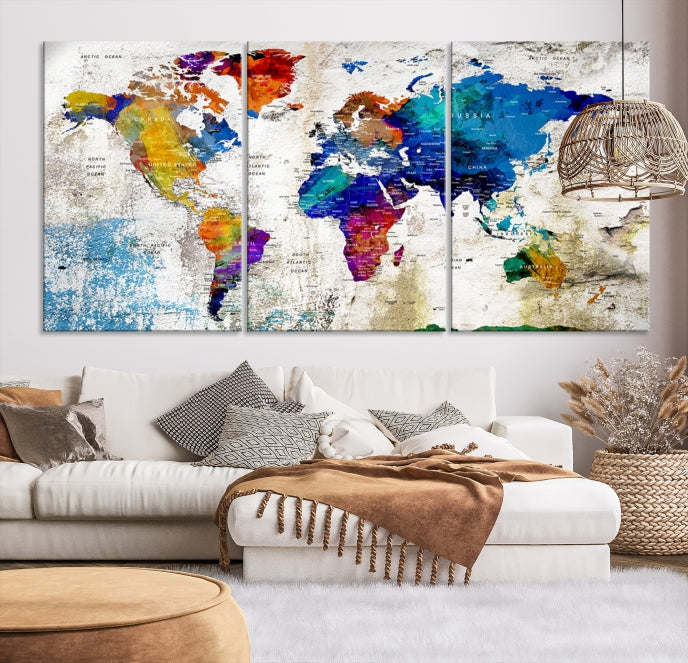 Rainbow Color Detailed Push Pin World Map Canvas Print Extra Large Wall Art