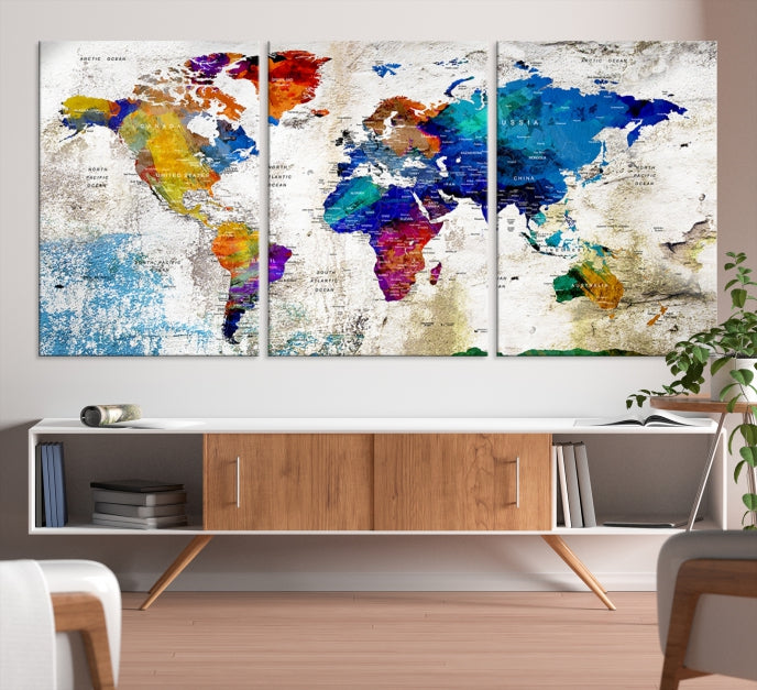 Rainbow Color Detailed Push Pin World Map Canvas Print Extra Large Wall Art