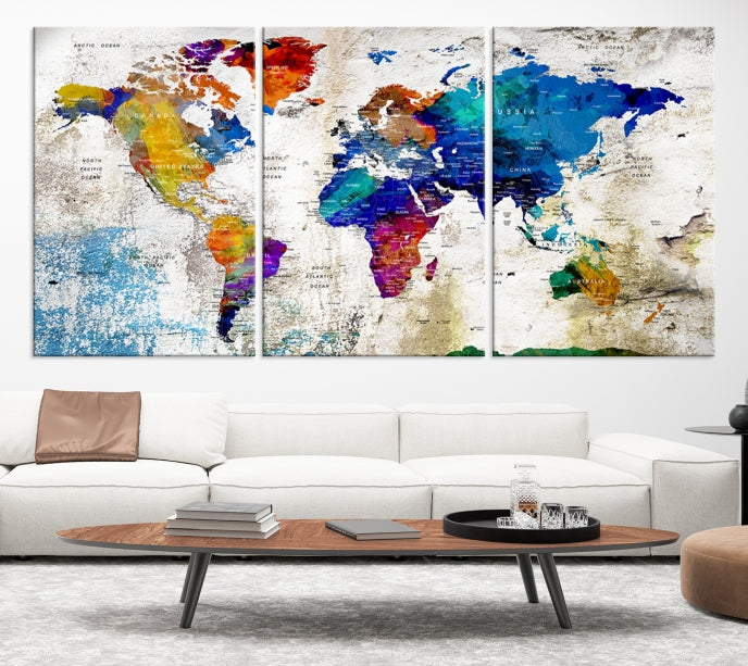 Rainbow Color Detailed Push Pin World Map Canvas Print Extra Large Wall Art