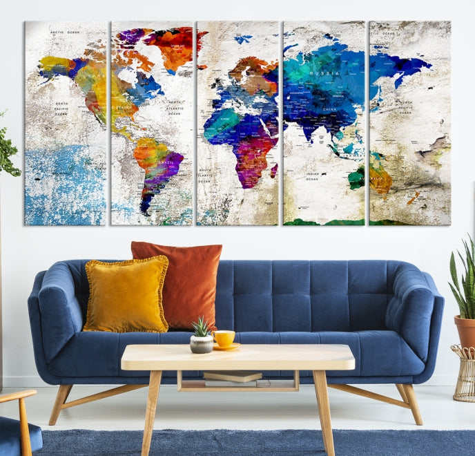 Rainbow Color Detailed Push Pin World Map Canvas Print Extra Large Wall Art