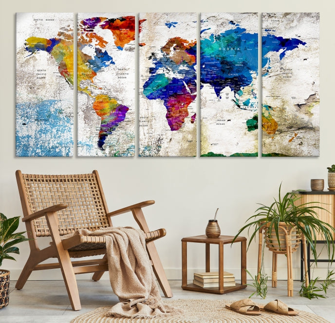 Rainbow Color Detailed Push Pin World Map Canvas Print Extra Large Wall Art