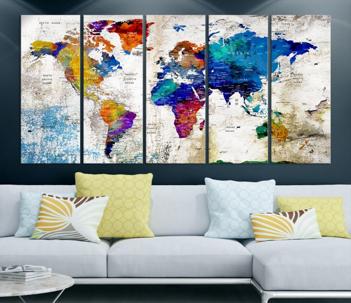 Rainbow Color Detailed Push Pin World Map Canvas Print Extra Large Wall Art