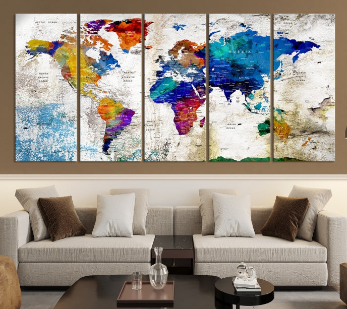 Rainbow Color Detailed Push Pin World Map Canvas Print Extra Large Wall Art