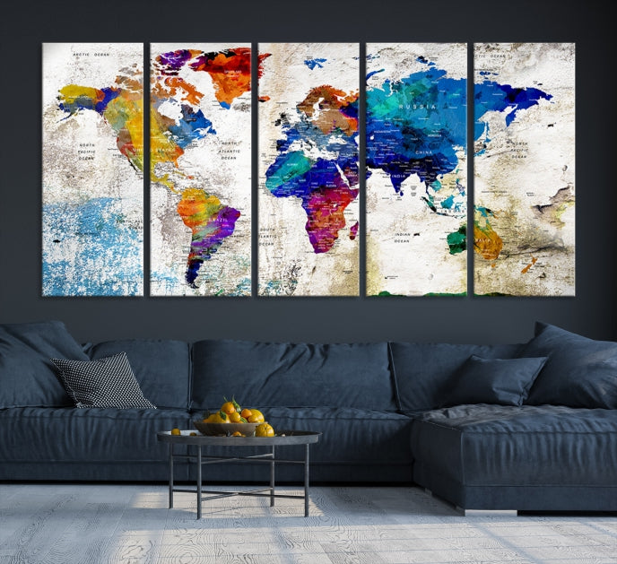 Rainbow Color Detailed Push Pin World Map Canvas Print Extra Large Wall Art